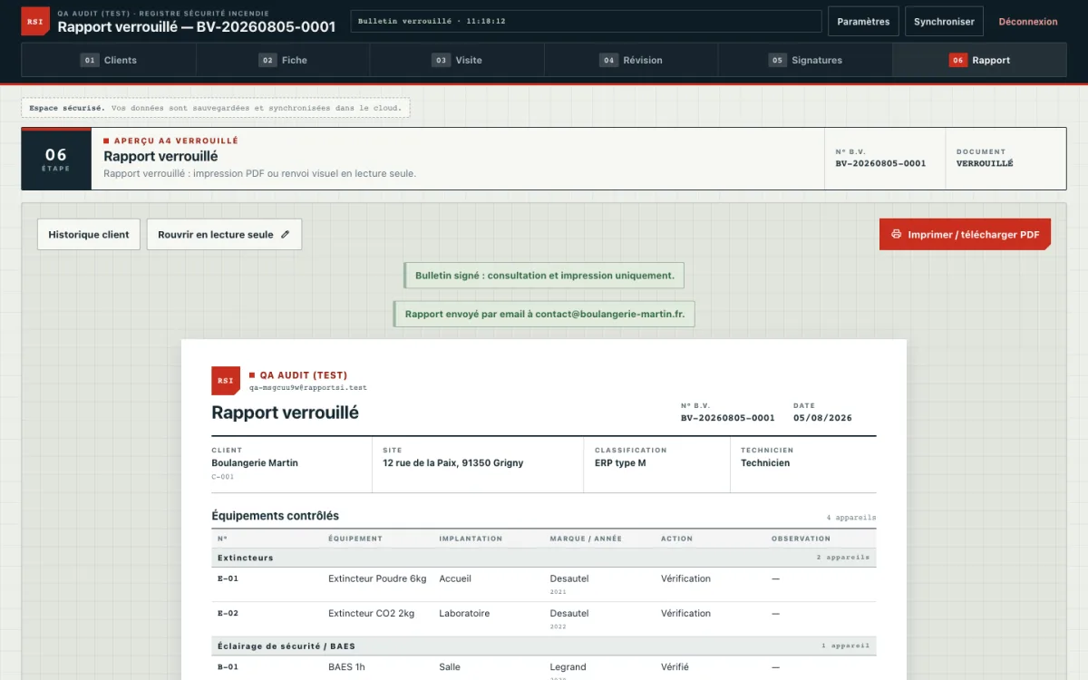 Capture d'écran : rapport final verrouillé prêt à imprimer ou envoyer par email dans l'espace client RapportSI