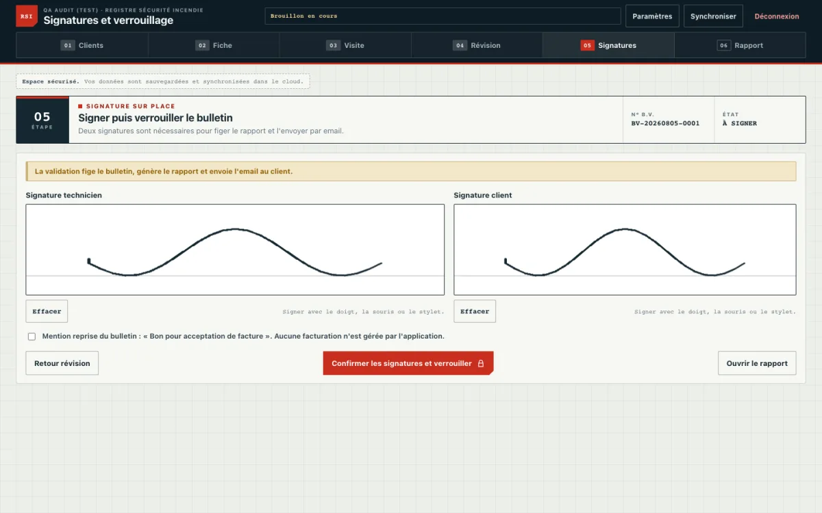 Capture d'écran : signatures du technicien et du client directement sur l'écran dans l'espace client RapportSI